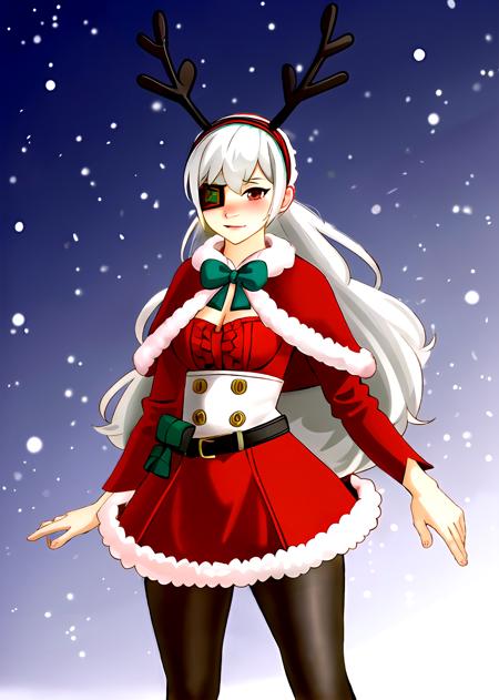 1girl, solo, christmas, long hair, eyepatch, fur trim, red eyes, santa costume, antlers, capelet, bow, hairband, looking at viewer, white hair, simple background, red capelet, pantyhose, belt, grey hair, smile, black pantyhose, fur-trimmed capelet, fake antlers, christmas_background, dress, long sleeves, bangs, skirt, blush, bowtie, closed mouth, upper body, star (symbol), open mouth, frills, reindeer antlers, breasts, standing,  cape, red dress, medium breasts,  red skirt, long_hair,upper_body,,<lora:reinaFortnite-09:0.5>  <lora:kairunoborugu_v1:0.9> <lora:Kairunoburogu:0.2>