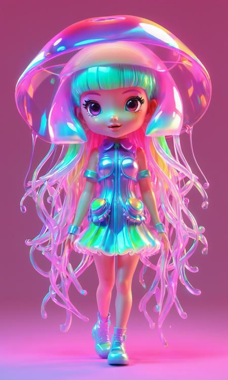 holographic,3D toy jellyfish girl,jellyfish,chibi,translucent,kawaii,Bauhaus,colorful,awesome lighting,3D,digital art,super detail,no borderline,C4D,octane rendering,Blender,HD,full body,<lora:Holography:0.8>,