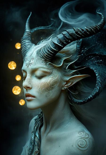 The image is a highly detailed, digital artwork created in a fantasy style. It depicts a serene, ethereal figure with a striking, otherworldly appearance. The subject is a woman with an elongated, almost androgynous face, adorned with intricate, swirling patterns on her skin that resemble ancient, mystical symbols. Her eyes are closed, giving her a contemplative, almost serene expression. 
The woman's most prominent feature is her head, which is covered in a helmet-like structure made of dark, twisted horns that spiral backwards, giving a demonic yet elegant impression. The texture of the horns is rough and almost organic, blending seamlessly with her skin, creating a mesmerizing, almost fluid look.
Her hair cascades down like a flowing mist, blending with the ethereal mist around her, which emits a soft, ethereal glow. The background is a dark, swirling vortex of cosmic mist, filled with glowing, golden orbs and faint, ethereal light, suggesting a celestial or mystical setting.
Her skin has a pale, almost ghostly texture, and her attire is minimal, consisting of flowing, ethereal robes that seem to be part of the misty background. The overall mood is one of serene, mystical contemplation, with a hint of cosmic, otherworldly power.