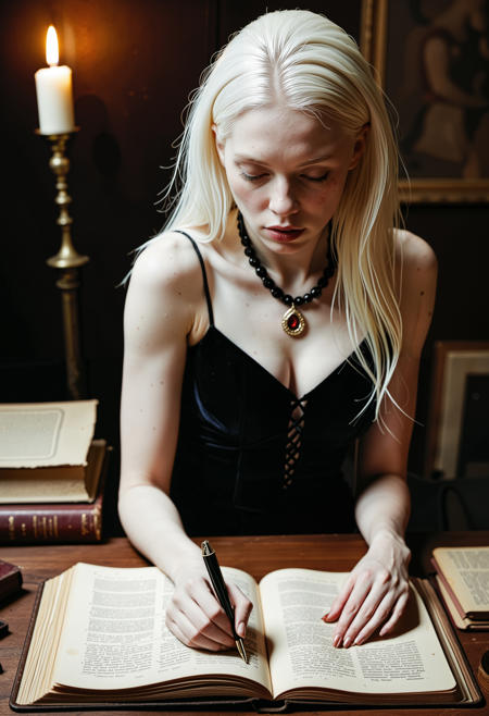 close up analogue photo of a beautiful 25 years (((albino woman:1.5))) with white hair (((pale skin:1.5))), white hair, <lora:Lumiya_SDXL:0.6>, Wearing a long black dress with velvet accents and a garnet pendant, a woman sifts through an old diary in a candlelit attic, cobwebs glistening and dust motes shimmering as floorboards creak beneath her, captured from an overhead angle with high-grain realism.