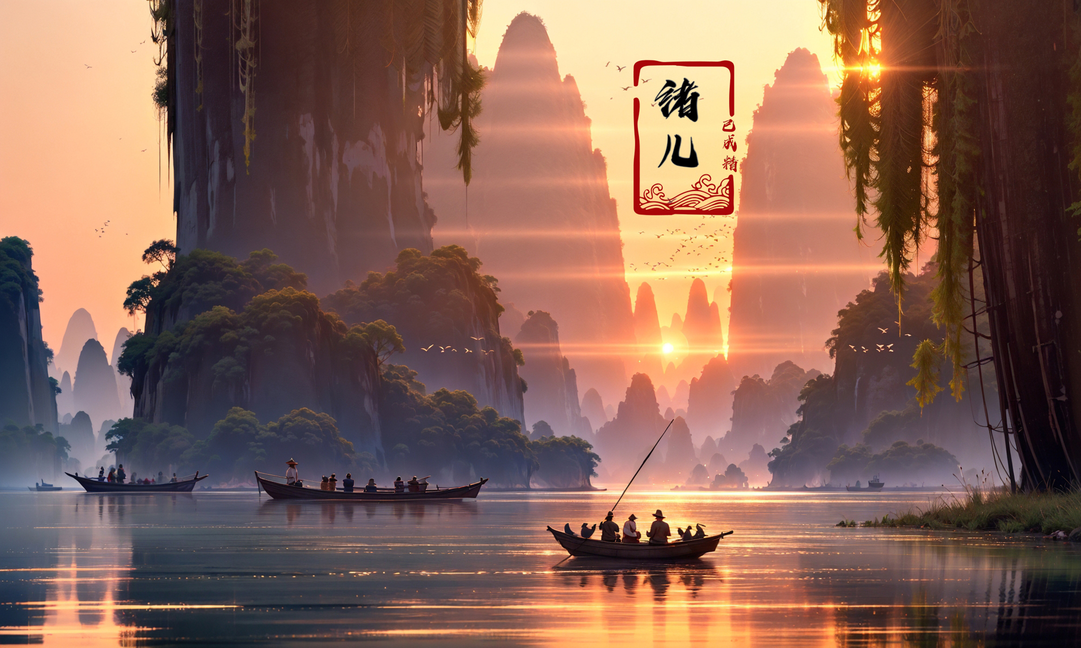 绪儿-山水渔夫 long raft with Landscape fisherman image by XRYCJ