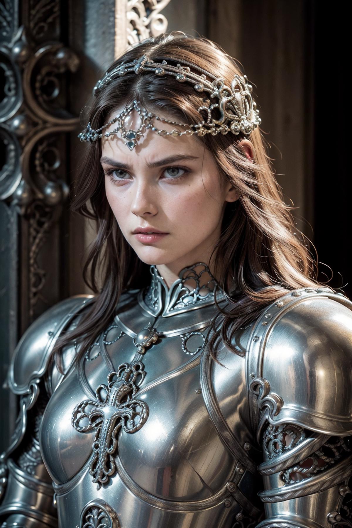 A woman wearing a silver crown and chainmail armor.