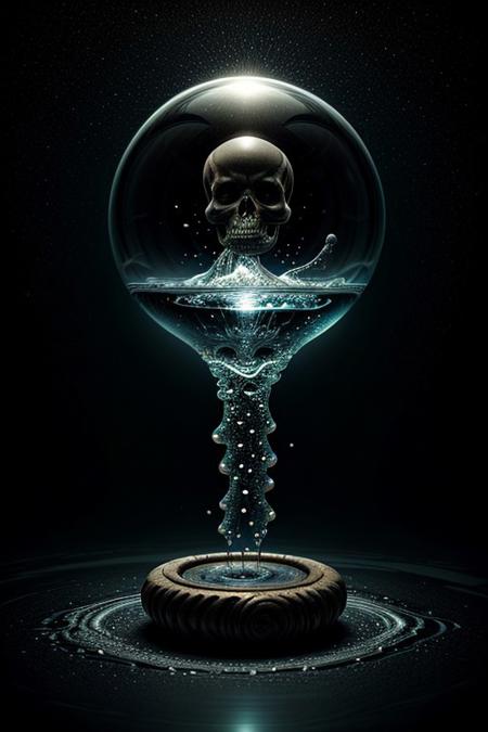 A close-up photorealistic image of a crystal-like floating skull facing dynamic view with its mouth open, pouring from it's mouth a shimmering liquid resembling the universe onto the ground, filled with rich stars and swirling galaxies. A simple void background enhances the dark atmosphere, shrouded in fog, capturing the hypnotic flow and shimmer of the cosmic liquid, form below,