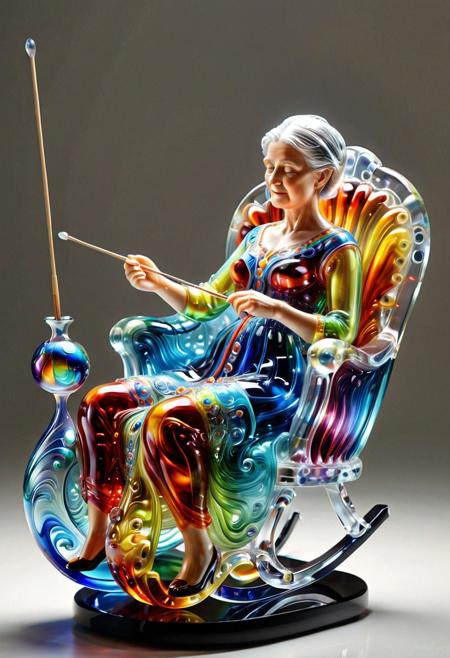 Life in Crystal,  An elderly woan sitting in rocking chair knitting made out of murano_glass_style, pair of knitting needles, ball of yarn, all made of colorful glass, life size, dramatic, vibrant colors, vivid colors, Masterpiece, best quality, amazing quality, volumetric lighting, SFW, exquisite detail, digital art, highly detailed, beautiful, surreal,