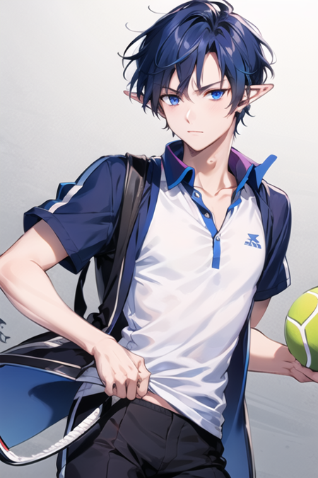 <lora:CielElsword-09:0.7>, ciel, solo, blue eyes, blue hair, pointy ears, white polo shirt, tennis racket, black pants, 1boy, tennis ball