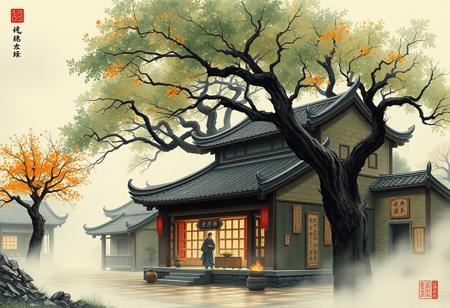 ((ancient china store)) surrounded by ((ancient chinese trees)), mid morning in the beginning of fall, chinese village, wuxia world, illust, fog, ink
