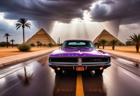 cinematic photo of dodge Charger 1968, magnificent three pyramids of Giza appear clearly, charm, highly detailed car, Professional lighting, full of life, Lively and energetic, 8K, rays of sun flow beyond heavy clouds, HDR, Fast & Furious movie, motion blur, moving tires, Cinematic Shot, Cinematic Lighting, amazing world, pure perfection, Need For Speed, wide angle exterior background, drifting, wet asphalt road, autumn leaves, grass, lavender flowers, jasmine flowers, palm trees, nebula horizon.