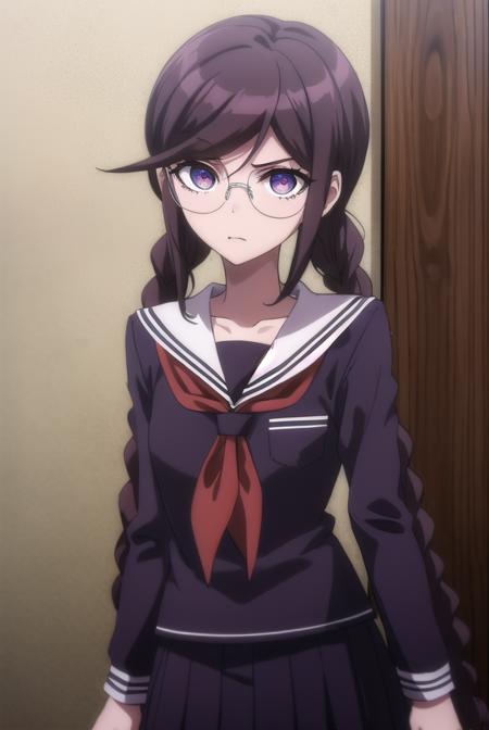 toukofukawa, <lora:touko fukawa s1-lora-nochekaiser:1>,
touko fukawa, long hair, bangs, brown hair, braid, glasses, mole, twin braids, mole under mouth, round eyewear, (brown eyes:1.3),
BREAK skirt, shirt, long sleeves, school uniform, serafuku, sailor collar, neckerchief, black shirt, red neckerchief,
BREAK indoors, classroom,
BREAK looking at viewer, (cowboy shot:1.5),
BREAK <lyco:GoodHands-beta2:1>, (masterpiece:1.2), best quality, high resolution, unity 8k wallpaper, (illustration:0.8), (beautiful detailed eyes:1.6), extremely detailed face, perfect lighting, extremely detailed CG, (perfect hands, perfect anatomy),