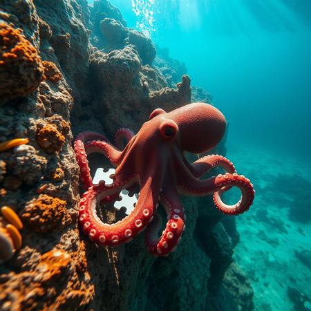 a very detailed close picture of an octopus solving a puzzle  underwater near an intricate rock formation, sunlight pasing throw water