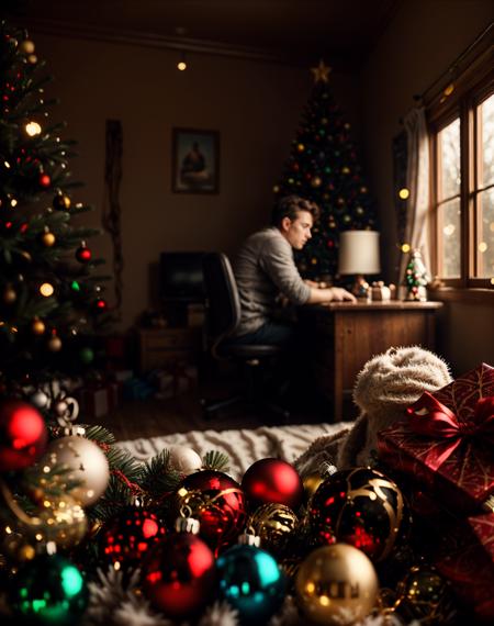 cinematic film still  Wide angle teenage boy in messy cluttered house full of toys, chaotic cabin in background. vibrant, photorealistic, realistic, dramatic, dark, sharp focus, 8k., <lora:quiron_Chritsmas_v1_lora:0.67> ChristmasQuiron style, Christmas, Christmas tree, Christmas decorations,  best quality, ultra detailed, 8k, mysterious.  . shallow depth of field, vignette, highly detailed, high budget Hollywood movie, bokeh, cinemascope, moody, epic, gorgeous, film grain, grainy