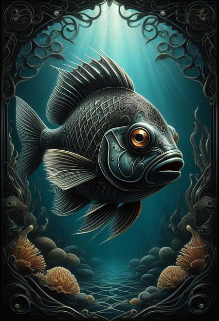 fish, intricated background, artistic, portrait, look at the viewer, rating safe, fantasy background, deep sea, daark, shadows, RetroBG