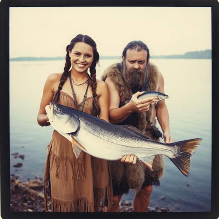 Polaroid photo, best quality, 25 yo cavewoman with braided hair, posing with a large fish, big smile on face, next to her is a 40 yo (frowning caveman, short beard) posing with a very tiny fish, standing on lakeshore,  clothed in deerskin clothes