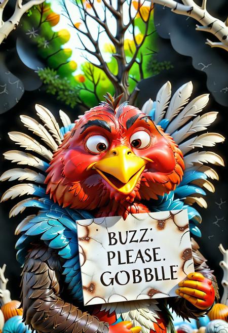 ((photorealistic)), ((1girl)),  score_9, score_8_up, score_7_up, score_6_up, score_5_up, 1girl, 25 years old, detail face, turkey cosplay, dressed as a turkey, long wavy hair, BROWN hair, wavy hair, perfect eyes, detailed skin, FALL background, tree background, arrogant, aloof, (((holding a sign that says "BUZZ PLEASE GOBBLE GOBBLE", text: "BUZZ PLEASE GOBBLE GOBBLE"))), realistic skin, detailed skin
