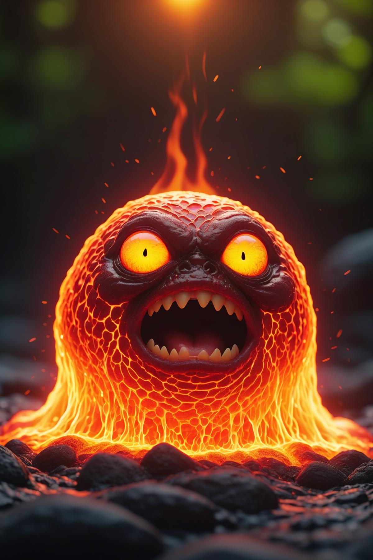 A red, fire-breathing creature with yellow eyes and fangs is displayed in the image. The creature is surrounded by flames, giving it a fiery appearance. It is situated in a lava-filled environment, with a rock in the background.