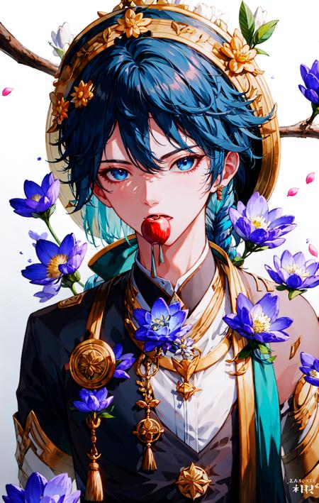 1boy, apple, bangs, black_background, black_hair, blue_eyes, blue_flower, blue_hair, braid, branch, cherry_blossoms, covered_mouth, covering_mouth, daisy, eyebrows_visible_through_hair, floral_background, flower, fruit, gem, gloves, gradient_hair, hair_flower, hair_ornament, hat_flower, holding, hood, jewelry, lily_\(flower\), looking_at_viewer, lotus, male_focus, multicolored_hair, open_mouth, petals, pink_flower, ribbon, solo, venti_\(genshin_impact\), white_flower <lora:style_yeurei:1>