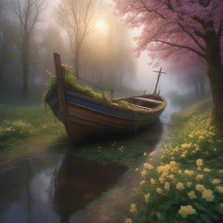 Abandoned boat entangled in vibrant spring blooms, 
shimmering Monge-inspired watercolor effect, 
set in a Gothic atmosphere reminiscent of Artgerm and Rutkowski, 
embraced by rain and fog, 
central figure asserting presence against a digital backdrop in the style of Stålenhag, 
basked in golden hour light, 
wide-angle capture aligning with the golden ratio, 
textures richly detailed, 
digital painting