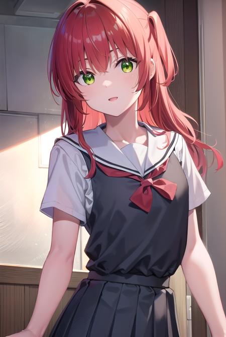 kitaikuyo, <lora:ikuyokita-lora-nochekaiser:1>, 
ikuyo kita, (green eyes:1.5), hair between eyes, long hair, one side up, red hair, (flat chest:1.2), smile,
BREAK black footwear, black skirt, grey sailor collar, pleated skirt, sailor collar, school uniform, shoes, short sleeves, shuka high school uniform, skirt,,
BREAK indoors, classroom,
BREAK looking at viewer, (cowboy shot:1.5),
BREAK <lyco:GoodHands-beta2:1>, (masterpiece:1.2), best quality, high resolution, unity 8k wallpaper, (illustration:0.8), (beautiful detailed eyes:1.6), extremely detailed face, perfect lighting, extremely detailed CG, (perfect hands, perfect anatomy),