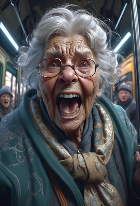 old lady, screaming at the tram, highly detailed, symmetric, concept art, intricate details, dark fantasy poster, photorealistic, octane render, 8 k, unreal engine, art by artgerm and greg rutkowski and alphonse mucha, CCTV Style