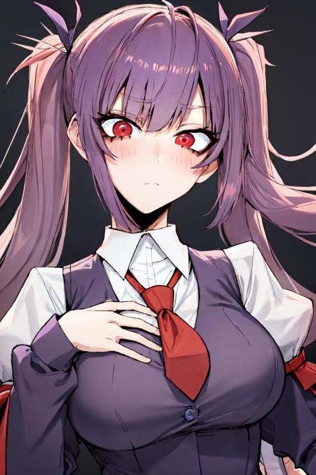 <lora:jk style by goofy ai:1>jk style, necktie, collared shirt, red eyes, purple hair, upper body, vest, long hair, blush, looking at viewer, red necktie, long sleeves, 1girl, shirt, juliet sleeves, hand on own chest, purple vest, white shirt, solo, twintails