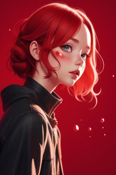 a girl,  illustration,  cover art,  (((red))),  portrait,  red background,  red splash