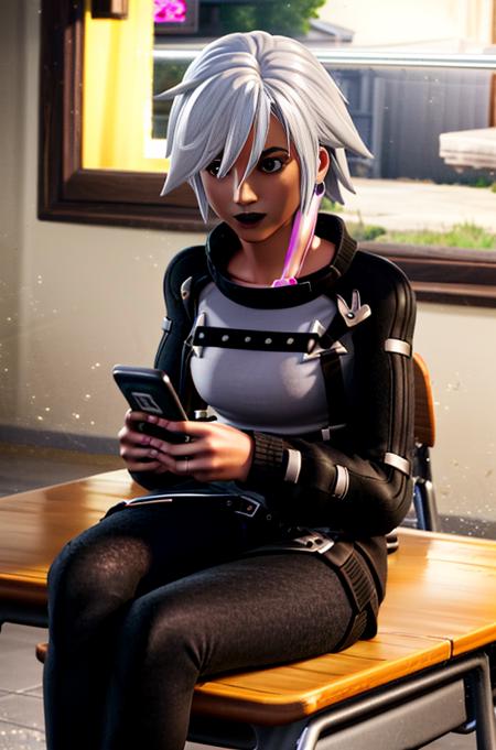 <lora:Fortnite_Highwire_1.1:0.9>, Fortnite_Highwire, (Black T-Shirt, Purple Skirt:1.4), Sneakers, (((interior, Classroom, Texting, Holding Cellphone, Cellphone, Sitting, School Desk))), ultra realistic 8k cg, picture-perfect face, flawless, clean, masterpiece, professional artwork, famous artwork, lighting, cinematic bloom, perfect face, beautiful face, beautiful eyes, volumetric lighting, cgi, 3d, octane render, ambient occlusion