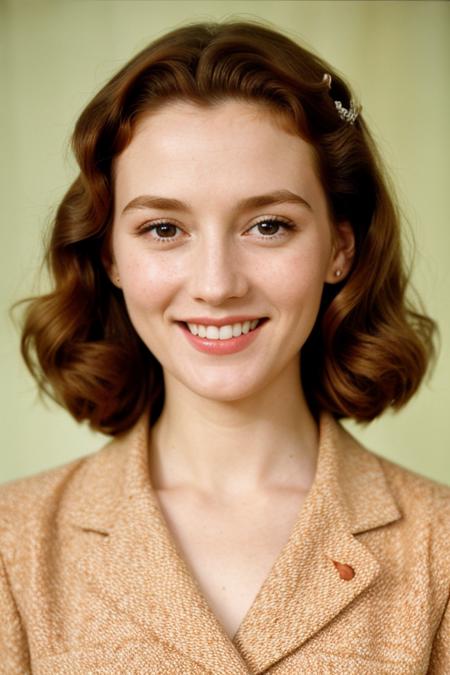 (best quality:1.2), woman, (38 years old:1.3), (1940s analog color photo:1.2), strong facial features, long nose, big eyes, full body shot, ginger hair, slender, athletic body, , laughing,  depth of field, lifelike texture, detailed face, detailed eyes, detailed skin, extremely detailed, intricate details