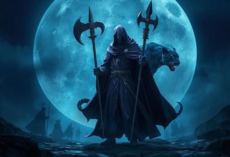 1. "Capture the Sacred Knight's Spearholder on a Shadow Moon, dressed in a full-body purple cloak, wielding an axe, and accompanied by a blue panther. Use micro details, lifelike details, and the golden ratio to create a highly detailed, 8k image with a dark blue misty background. Cinematic lighting and dark figures walking in the background will add to the atmosphere."
2. "Create a high-concept art piece featuring the Sacred Knight's Spearholder on a Shadow Moon, dressed in a full-body purple cloak and wielding an axe. Include a shepherd's crook, a forged sword, and the blue panther. Use micro details, lifelike details, and the golden ratio to create a highly detailed, hyper-realistic, 8k image with intricate jewelry and symmetrical compositions. Add cinematic lighting and dynamic, ambient, and volumetric lighting to enhance the mood."
3. "Design a detailed, 8k, HD, realistic illustration of the Sacred Knight's Spear