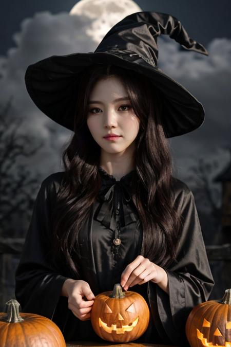 1girl, solo, 4k HDR, realistic, ultra detailed, natural lighting, wearing a witch outfit with long hair, halloween theme background with gloomy pumpkin glowing in the dark and full moon, scattered cloud, asymmetrical wavy long hair, (detailed face), (detailed background :1.1), upper body, wearing witch hat, black shirt under magic pattern robe,