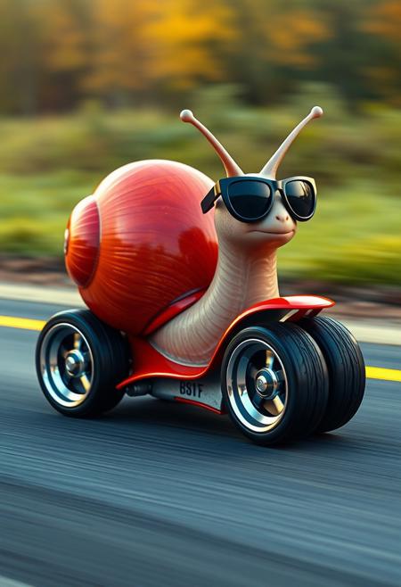 A cute, hyper-stylistic snail speeds along, its shell transformed into a sleek, high-performance sports car. The shell, a vibrant, metallic red, features four high-performance tires, gleaming chrome wheels, and a body that's complete with car doors, windows, and a rear spoiler. The snail's "face" is a cool, confident visage, its eyes hidden behind a pair of trendy, dark shades. The snail's antennae are styled like a pair of sporty, aerodynamic fins, adding to its turbo-charged persona. Every detail of the scene is meticulously rendered, from the intricate, textured pattern of the shell's body to the tiny, glowing turbo gauges on the dashboard. The overall effect is one of adorable, high-octane fun, as if this turbo-charged snail is the coolest, most unlikely speedster on the road. highest-Quality, intricate details, visually stunning, Masterpiece