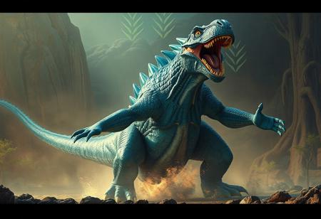 Blue Dogoran Kaiju roaring in Hidden Springs, Far East. Playful dinosaur, open mouth, outstretched arms. 4K, matte painting, octane render, Unreal Engine 5, Raphael style, Houdini style, dynamic dramatic cinematic lighting, trending on Artstation, CGSociety, hyperdetailed, 16K, cinematic, excellent composition, aesthetic, golden ratio.