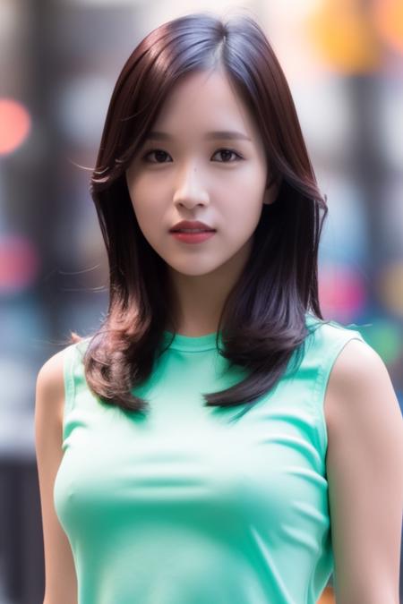 <lora:twiceMinaV1:1>,Mina, woman,complex 3d render ultra detailed, smile, portrait of beautiful woman, moody portrait, striking features, beauty, intricate details, dramatic composition, tension, contrast, texture, realism, high-quality rendering, stunning art, high quality, film grain, Fujifilm XT3,swirly bokeh,(realistic, photo-realistic:1.2),RAW photo,physically-based rendering,(looking at viewer:1.4),(8k, best quality, masterpiece:1.2),(full body shot:1.1),octane render,extremely detailed CG, unity 8k wallpaper,in street,urban,city,(studio soft light,sunlight:1.2),(standing:1.1),(a girl is wearing sleeveless:1.5),hyper realistic detail shiny skin,ultra detailed,(ultra realistic:1.2),(intricate:1.2),(photorealistic:1.2),1girl,(skinny:1.3),detailed background ,(large breasts:1.1)