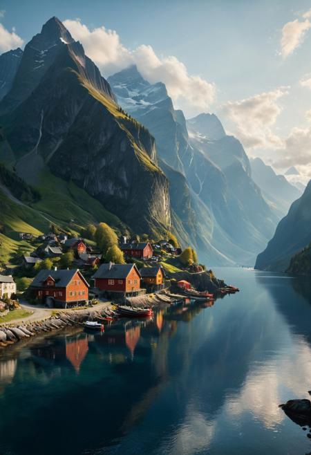 majestic fjords with small fishing villages nestled at their bases, breathtaking scenery, high detail, realistic landscape, vibrant colors, cinematic lighting, serene atmosphere, by Andreas Achenbach and Thomas Kinkade, 8k resolution, ultra HD, beautiful composition, highly detailed and hyper realistic photo, by Alena Aenami , by Archibald Thorburn , by Daniele Afferni , in the style of  monochromatic silhouette reflection,  limited dark palette, unusual dark colors, faded colors, atmospheric haze, highly dramatic cinematic lighting, motion blur, film grain,  professional, excellent composition, finest details, maximized details, ultimate detail level, masterpiece, best quality