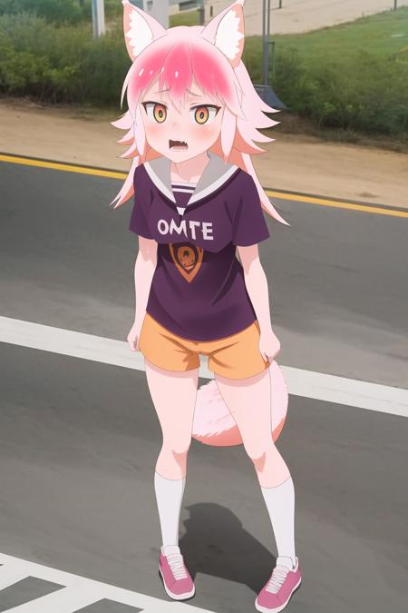 1girl, school stadium background, little girl, animal ears, wolf ears, wolf tail, full body, murenase, pink hair, orange eyes, camel toe, buruma, t-shirt, sweat, shorts