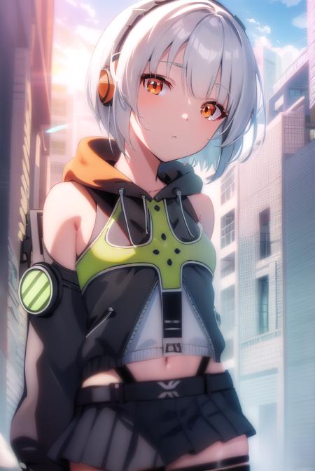 anby demara, (orange eyes:1.5), short hair, white hair, bare shoulders, black gloves, black skirt, black thighhighs, fingerless gloves, gloves, green jacket, headphones, jacket, navel, skirt, stomach, thighhighs,