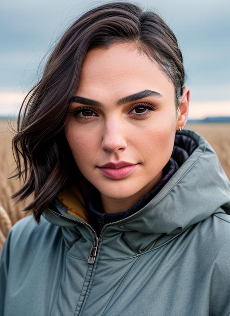 portrait of Gal Gadot, cold , wearing outerwear , with gray Asymmetrical haircut , background field of wheat epic (photo, studio lighting, hard light, sony a7, 50 mm, matte skin, pores, colors, hyperdetailed, hyperrealistic), <lyco:Gal Gadot:1.1>