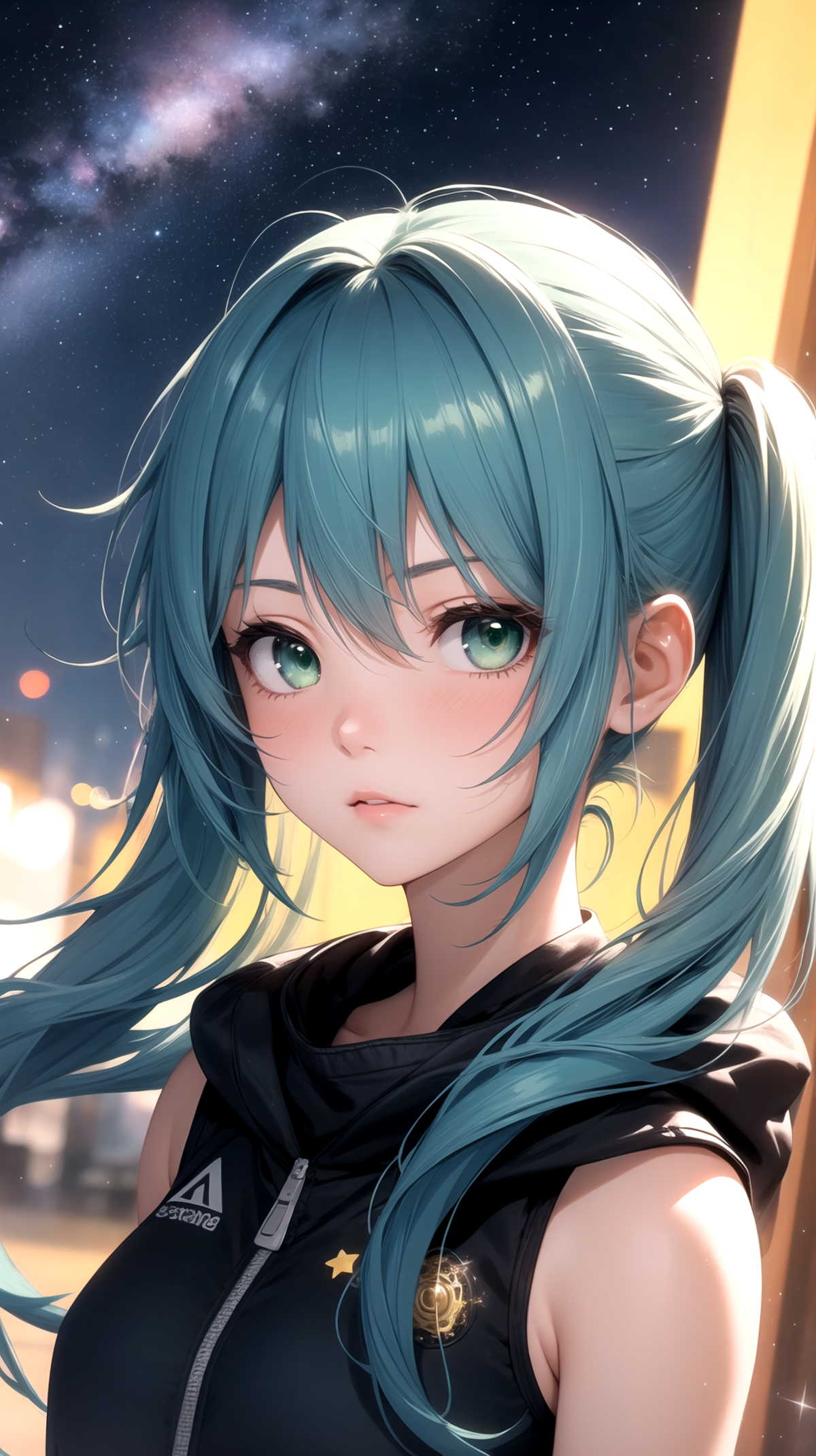 Anime girl with green eyes and blue hair wearing a black hoodie.