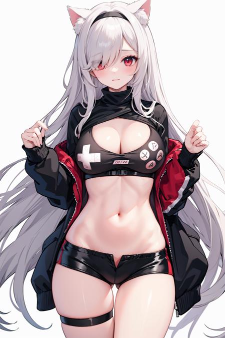 <lora:GameController092602:0.9> ,game controller print, 1girl, solo, breasts, long hair, cat ears,red eyes, thigh strap, hair over one eye, large breasts, animal ears, navel, stomach,  cleavage, black hairband, midriff, shrug \(clothing\), cowboy shot, crop top, long sleeves, short shorts, very long hair, ass visible through thighs, thighs, black shirt, looking at viewer, black shorts, standing, white background, simple background, white hair, bangs, thigh gap,black shirt,