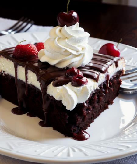 Piece of chocolate cake on a white plate. With cream and a cherry on the cake