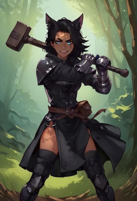 safe_pos, score_9,score_8_up,score_8,score_9, 1futa, (((pastel colors, high contrast,expressiveh,)))((blue eyes, short black hair, asymmetrical sidelocks, thin face, wolf ears, morning, smug, mouth open, snarl, curvy, tan skin, forest, dappled sunlight,)) (athletic female, 25 years old, futanari, medium breasts, detailed eyes, black wolf tail,),surcoat, thigh high boots, armor, muscular, solo, holding weapon, war hammer, gauntlets, armored boots, incoming vertical war hammer,