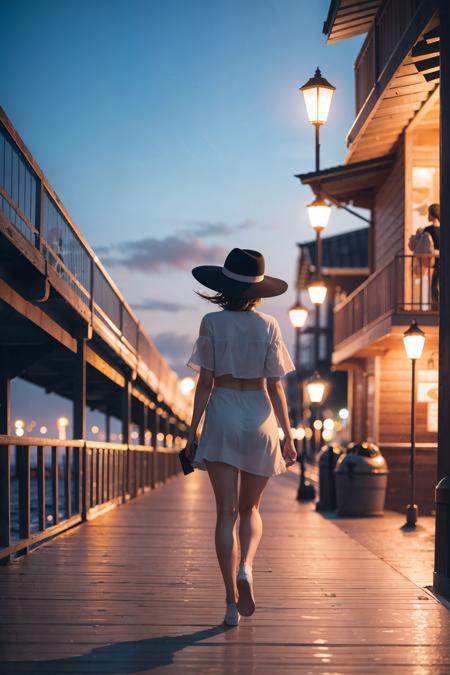 best quality, masterpiece, girl walking down a busy pier in the evening