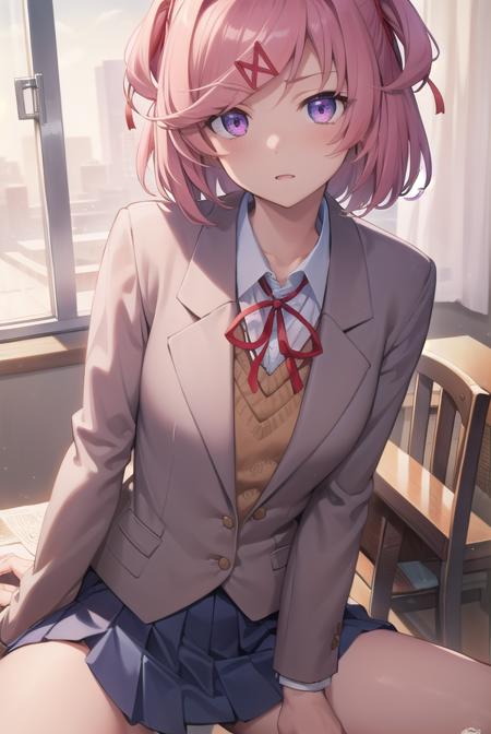 ddlcnatsuki, <lora:ddlcnatsukitest:1>,
ddlcnatsuki, fang, hair ornament, pink hair, (purple eyes:1.1), short hair, short sidetail, swept bangs, x hair ornament, (flat chest:1.2),
BREAK blazer, blue skirt, brown jacket, collared shirt, jacket, long sleeves, miniskirt, neck ribbon, pleated skirt, red ribbon, ribbon, school uniform, shirt, skirt, swept bangs, vest, white shirt, wing collar, x hair ornament,
BREAK looking at viewer,
BREAK indoors, classroom,
BREAK <lora:GoodHands-vanilla:1>, (masterpiece:1.2), best quality, high resolution, unity 8k wallpaper, (illustration:0.8), (beautiful detailed eyes:1.6), extremely detailed face, perfect lighting, extremely detailed CG, (perfect hands, perfect anatomy),