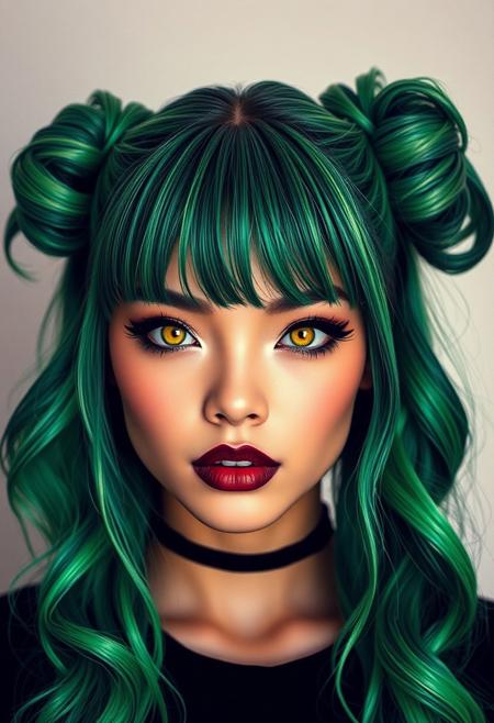 This is a highly detailed, portrait of a young mulato latina woman with an edgy, gothic aesthetic. She has long, wavy neon  green hair styled in high pigtails, with bangs framing her face. Her skin is pale with a slight glow, suggesting a youthful, possibly Asian ethnicity. She has striking, bold makeup with yellow, electric eyes, thick eyeliner, and deep black eyeshadow, complementing her dark lipstick.