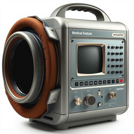 A front view of a strange medical device, on the left is of the device is an cylindrical opening lined with a padded material, the casing of the device is metallic and various buttons and a single CRT display on it, depicted in a photorealistic style.