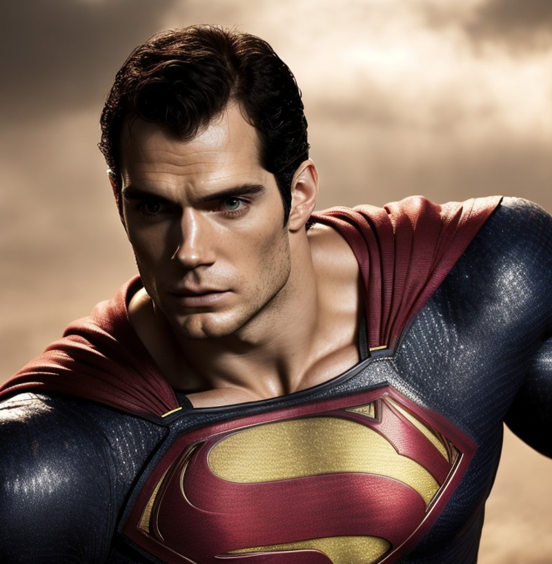 Photo of Henry cavill is superman ,  superhero, upper body,cinematic, movie, grain movie (2023s)1boy, building destroyed ,...