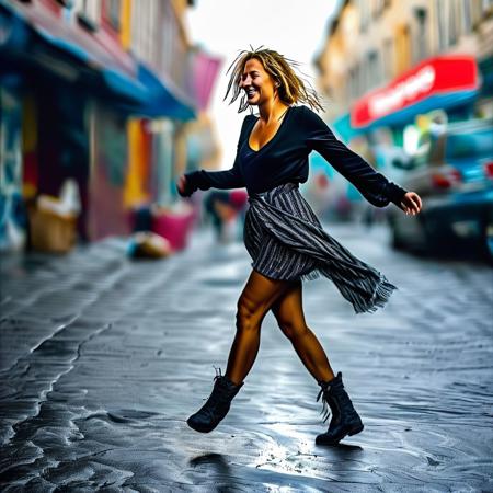 poor homeless   female  20yo, in street , dancing of joy