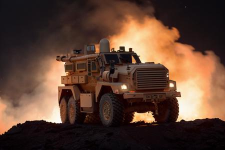 analog gloomy (close up shot) photo of a (6x6 MRAP,  <lora:mr4p:1>), (escaping from fire and lava (at night)), volcano eruption, ((at night)), (horror movie), ((nighttime)), raining fire, (midnight), (surrounded by lava:1.2), apocalyptic, High Detail, Sharp focus, (photorealism), realistic, best quality, 8k, award winning, dramatic lighting, epic, cinematic, masterpiece, backlit, rim light, ambient fog:1.5, dutch angle, low angle view, depth of field,