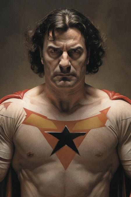 masterpiece, best quality, high quality, highres, ARTSTYLE_AlexRoss_ComicArt_ownwaifu, solo, angular features, intense eyes, Roman Legionnaire, determined countenance, dark curly hair, rugged appearance, muscular frame, imposing height, battle-worn, realistic, simple background, lora:ARTSTYLE_AlexRoss_ComicArt_ownwaifu-15:0.8, ((portrait)), straight-on, looking_at_viewer, solo, closed mouth, simple_background, 1boy, male focus