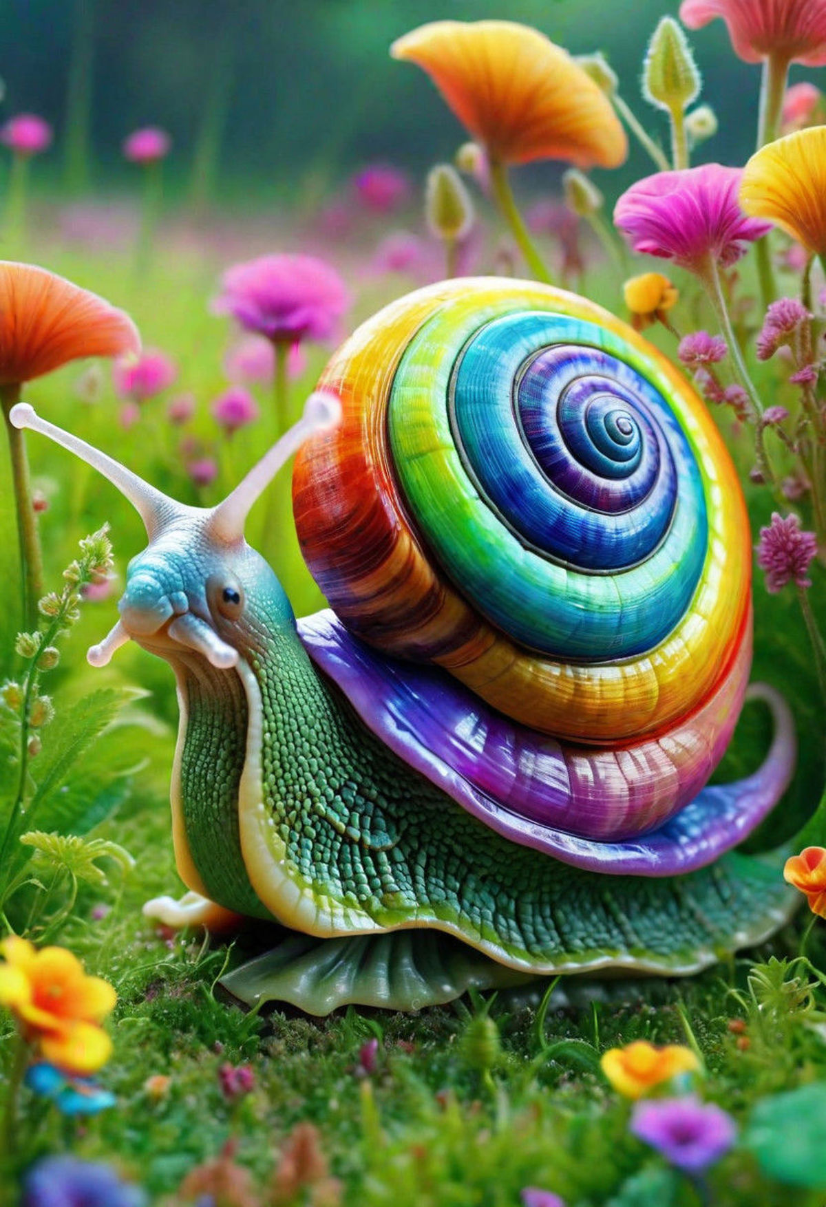 A colorful, rainbow-colored snail with a shell that looks like a spiral on top.