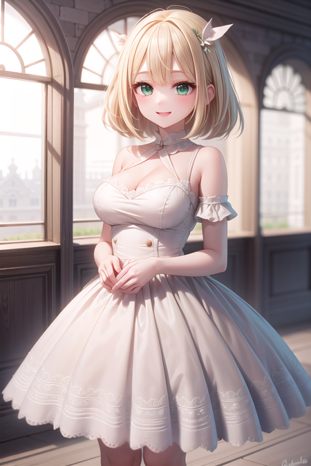 insanely detailed, absurdres, ultra-highres, ultra-detailed, best quality,
1girl, solo, nice hands, perfect hands,
BREAK
princess, princess dress with many frills, teara on hair,
happy smile, laugh, closed mouth,
standing, cute pose,
45 angle, cowboy shot,
BREAK
slender, kawaii, perfect symmetrical face, ultra cute girl, ultra cute face, ultra detailed eyes, ultra detailed hair, ultra cute, ultra beautiful,
BREAK
(fantasy world, in castle), depth of field,
medium large breasts,
BREAK
blonde hair, medium hair, messy hair, green eyes, hair between eyes