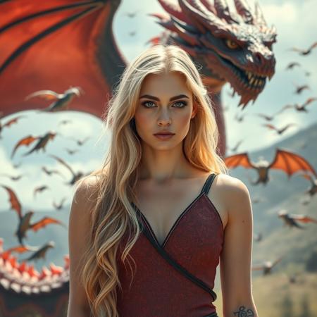 a beautifull woman is satanding in front of a dragon , the dragon is red and blue, super focus on female, many baby dragons are flying in the backround, superrealistic, the woman has blond long hair, no makeup